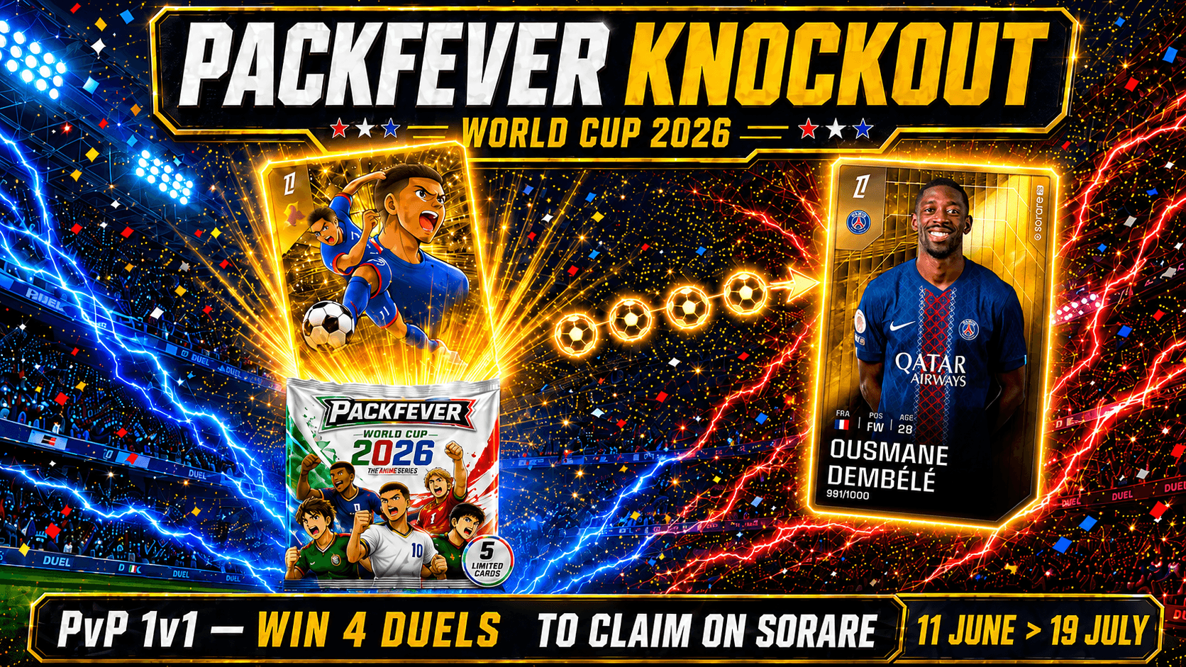 Packfever Knockout — World Cup 2026 — PvP 1v1 win 4 duels to claim on Sorare