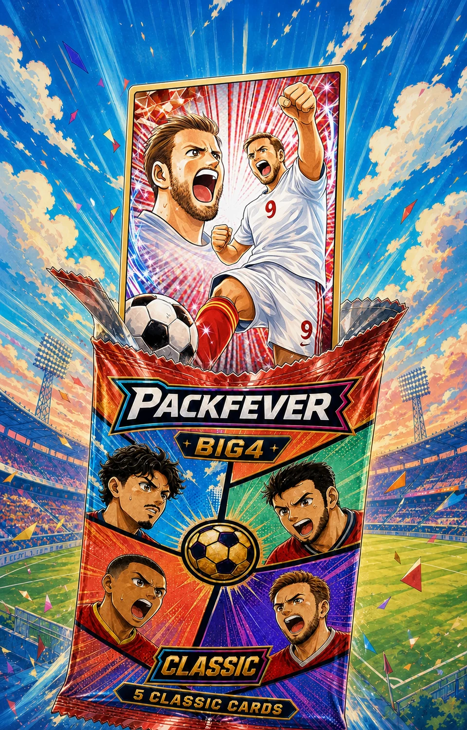 A PackFever Harry Kane card bursts out of a BIG4 pack opened in an anime stadium