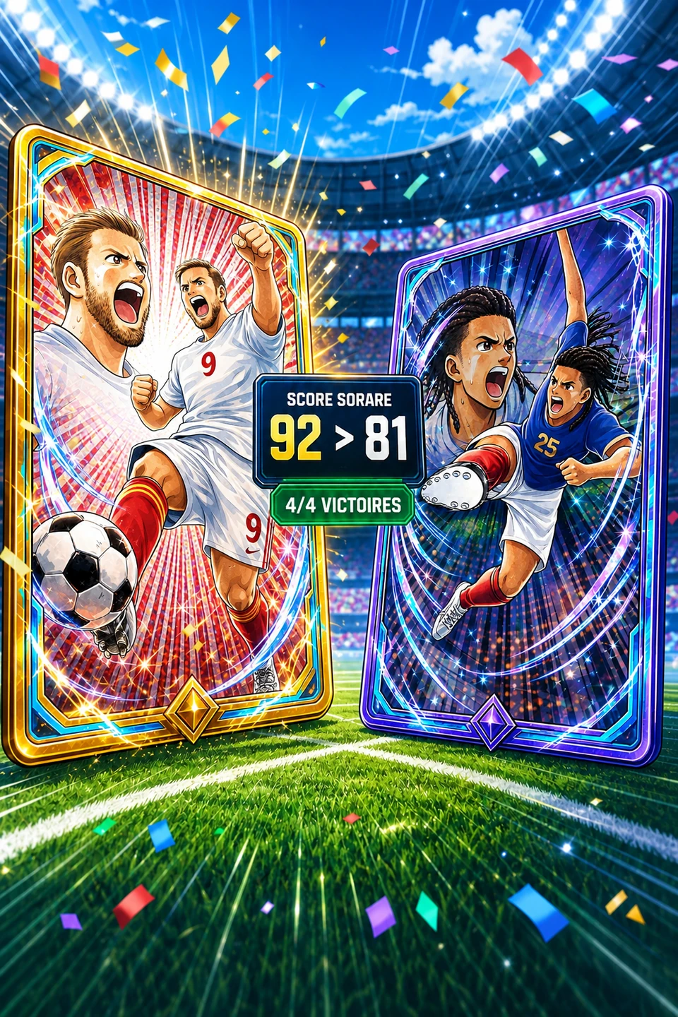 The original PackFever Harry Kane card, fist raised, wins its duel against Michael Olise's card, Sorare score 92 beating 81, four wins out of four